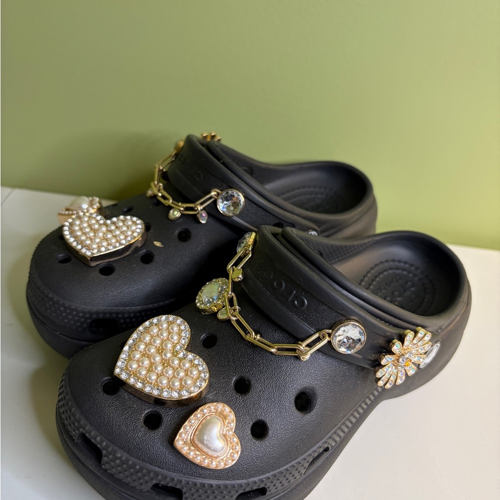 CROCS Black Kids Slippers with Gold Charms